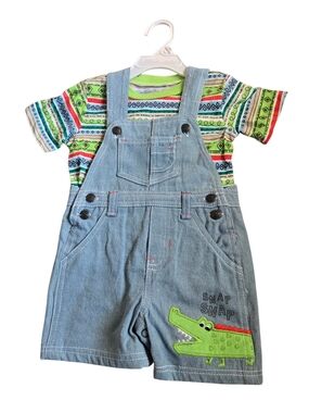 Little Rebels Baby 12M 2Pc Denim Short Overalls Set Croc Patch Snap 100% Cotton